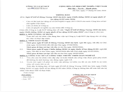THÔNG BÁO LỊCH NGHỈ LỄ GIỖ TỔ HÙNG VƯƠNG, 30/04 VÀ 01/05 NĂM 2026